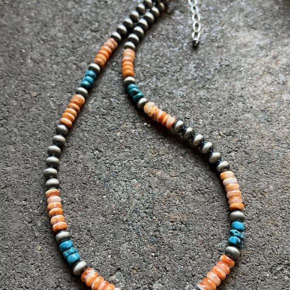 Sterling Silver Spiny Oyster Turquoise W Pearls Bead Necklace. 16 inch